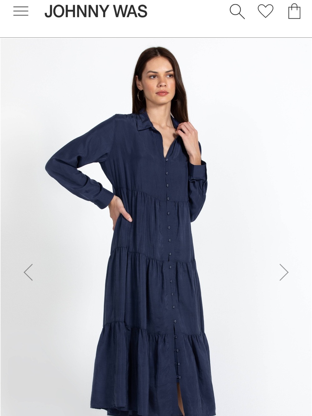 Johnny Was Navy Button-Front Tiered Maxi Shirt Dress 100%Silk
